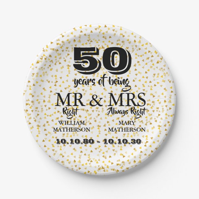 Mr Mrs Right Fun Golden 50th Wedding Anniversary Paper Plates (Front)