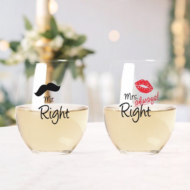 Mr & Mrs. Right Mustache Red Lips Wedding  Stemless Wine Glass (Insitu (Wedding))