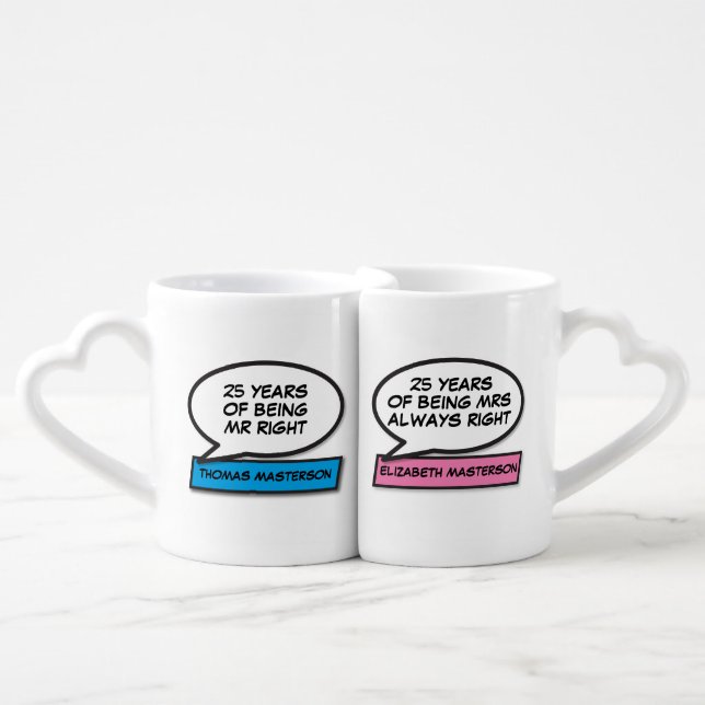 Mr Mrs Right Speech Bubbles Wedding Anniversary Coffee Mug Set (Front Nesting)