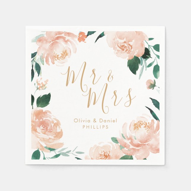 Mr & Mrs Romantic garden peach floral wedding Napkins (Front)