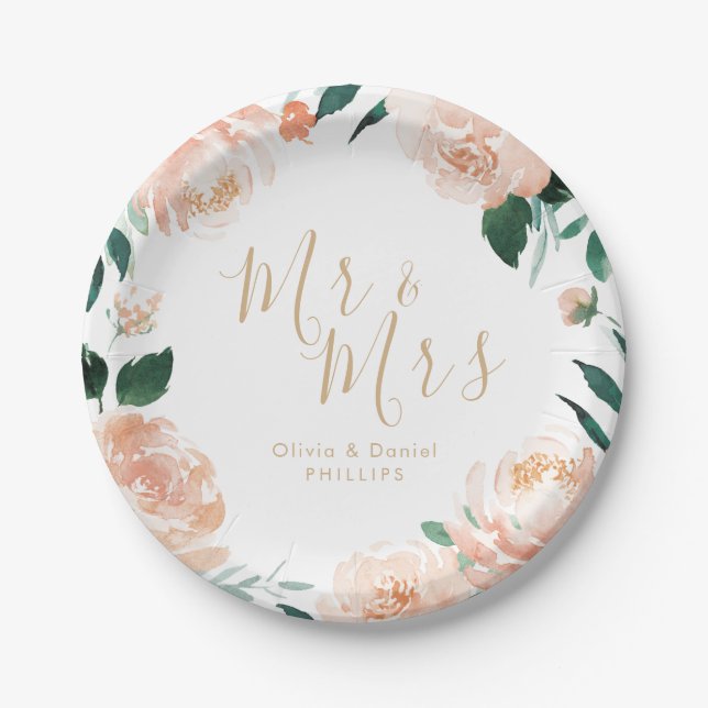 Mr & Mrs Romantic garden peach floral wedding Paper Plates (Front)