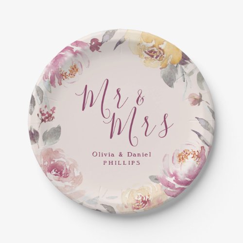 Mr  Mrs Romantic garden watercolor floral wedding Paper Plates