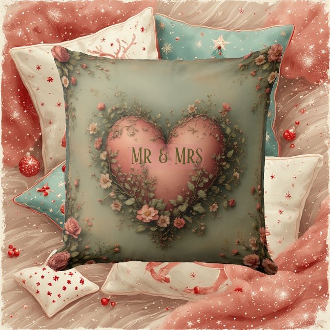 Mr & Mrs Romantic Heart Botanical Greenery Garden  Throw Pillow (Mr & Mrs Romantic Heart Botanical Greenery Garden Throw Pillow)