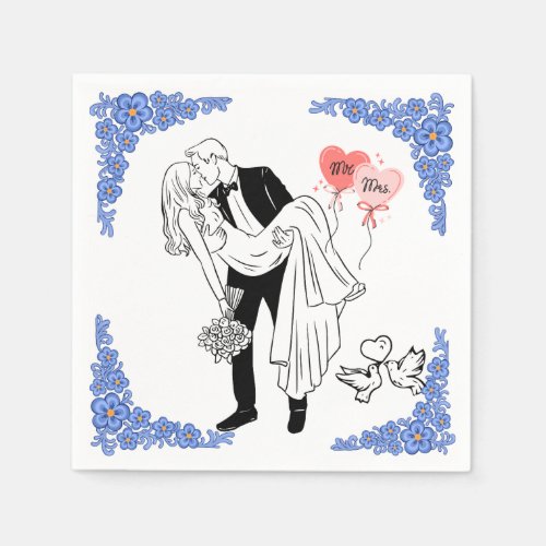 Mr & Mrs Romantic Newlywed Couple Blue Floral Wedd Napkins