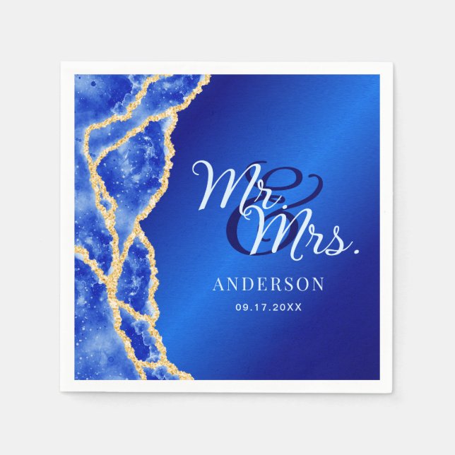 Mr & Mrs Royal Blue and Gold Agate Elegant Wedding Napkins (Front)