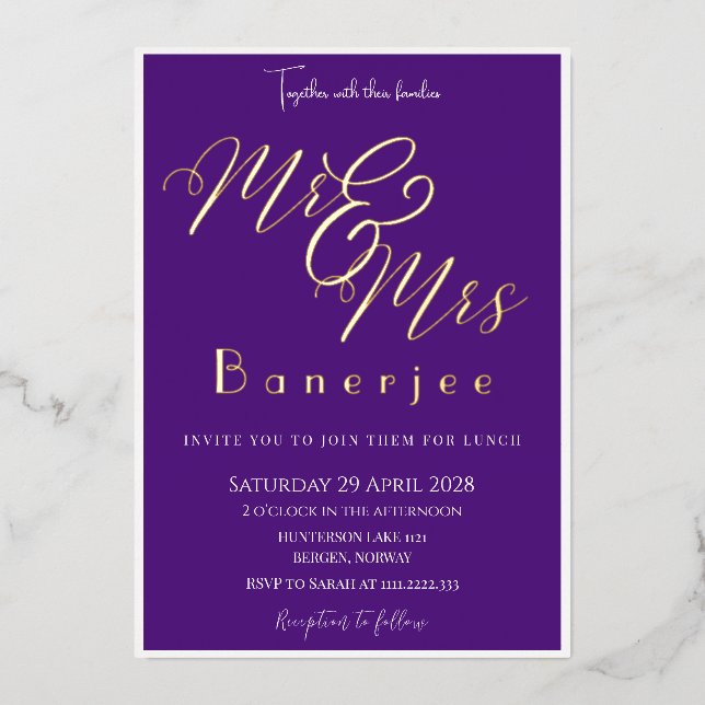 Mr & Mrs Royal Purple + Border Foil Invitation (Front)