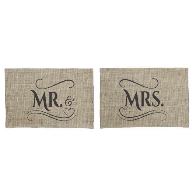 Mr & Mrs Rustic Burlap Country Wedding Couples Pillow Case (Front-Set)