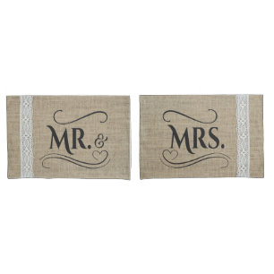 Mr & Mrs Rustic Burlap Country Wedding Couples Pillow Case