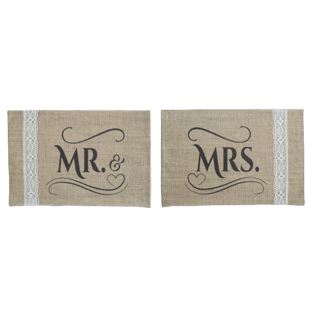 Mr & Mrs Rustic Burlap Country Wedding Couples Pillow Case (Front-Set)
