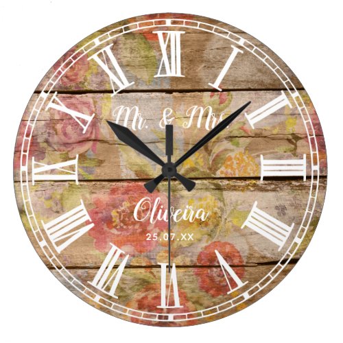Mr Mrs Rustic Farmhouse Floral Wood Roman Numeral Large Clock