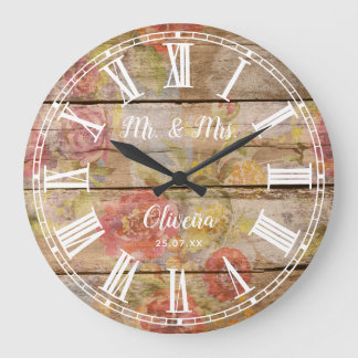 Mr Mrs Rustic Farmhouse Floral Wood Roman Numeral Large Clock