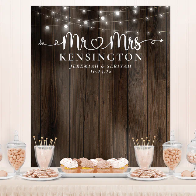 Mr Mrs Rustic String Lights Wedding Backdrop | Zazzle
