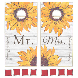 Mr. Mrs. Rustic White Wood Chic Yellow Sunflower Cornhole Set