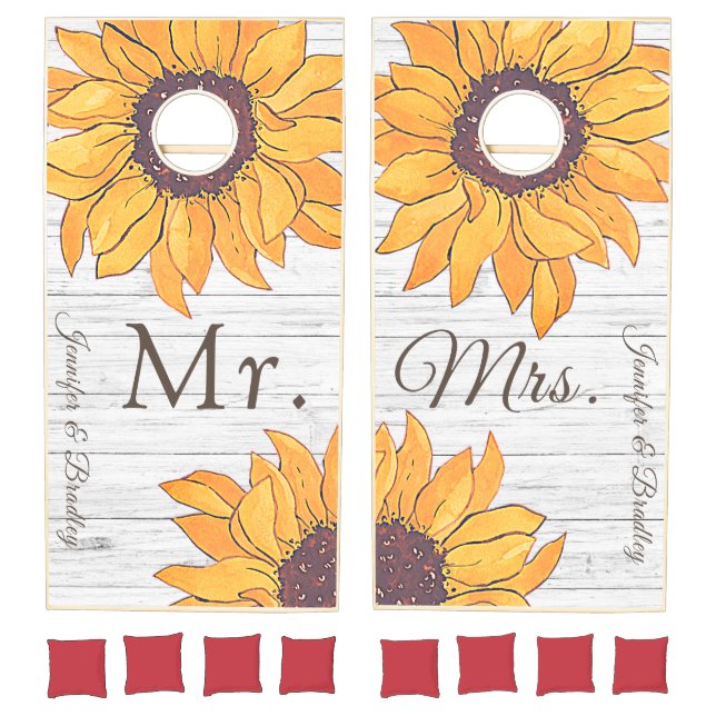  Mr. Mrs. Rustic White Wood Chic Yellow Sunflower  Cornhole Set (Set)