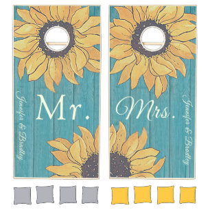 Mr Mrs Rustic Wood Dusty Blue Yellow Sunflower Cornhole Set