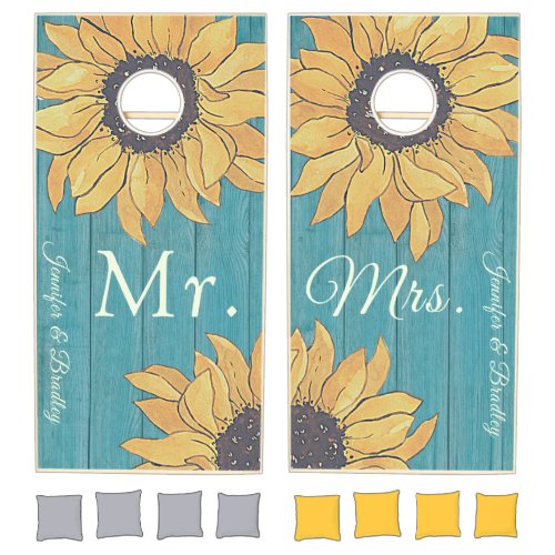  Mr Mrs Rustic Wood Dusty Blue Yellow Sunflower  Cornhole Set