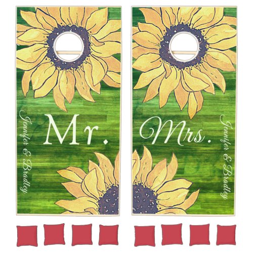  Mr  Mrs Rustic Wood Wedding Yellow Sunflower Cornhole Set