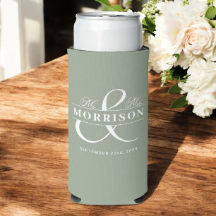 Mr Mrs Sage Green Rustic Wedding Favor Seltzer Can Cooler