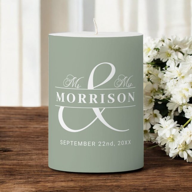 Mr Mrs Sage Green Wedding Favor  Pillar Candle (Creator Uploaded)