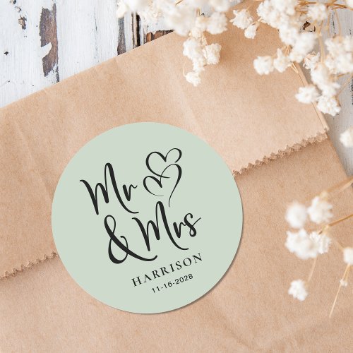 Mr Mrs Sage Wedding Classic Round Sticker