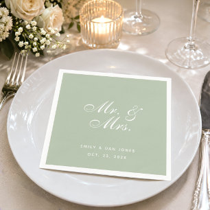 Mr. & Mrs. Sage Wedding White Elegant Script Green Napkins