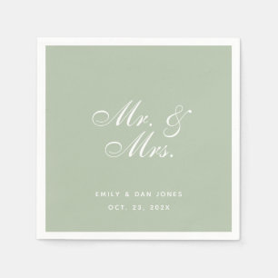 Mr. & Mrs. Sage Wedding White Elegant Script Green Napkins