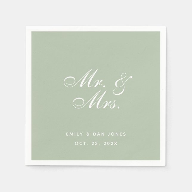 Mr. & Mrs. Sage Wedding White Elegant Script Green Napkins (Front)