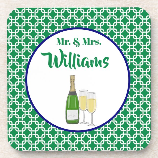 Mr. & Mrs. Script Bride & Groom Champagne Flutes Beverage Coaster (Front)