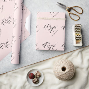 Mr & Mrs Script Calligraphy Custom Name Blush Pink Wrapping Paper