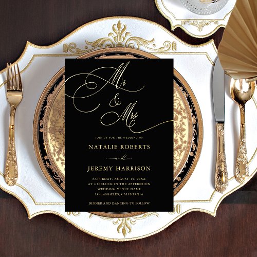 Mr  Mrs Script Dark Faded Photo QR Code Wedding Foil Invitation