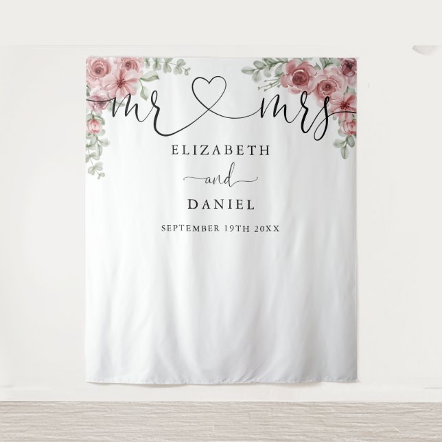 Mr Mrs Script Floral Wedding Photo Booth Backdrop (Front)