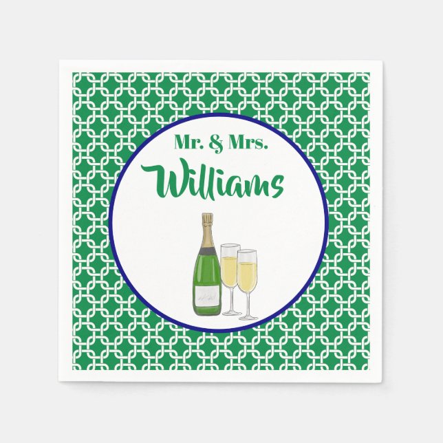 Mr. & Mrs. Script Geometric Champagne Flutes  Napkins (Front)