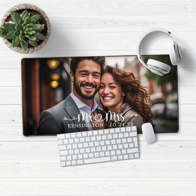 Mr Mrs Script Heart Arrows Newlywed Desk Mat (Modern Mr. and Mrs. with Heart and Arrow and your Photo!)