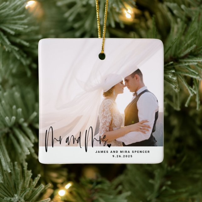 Mr. & Mrs. Script Heart Modern Wedding Bliss Photo Ceramic Ornament (Tree)