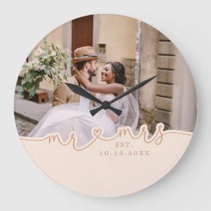 Mr Mrs Script Heart Photo Wedding Large Clock