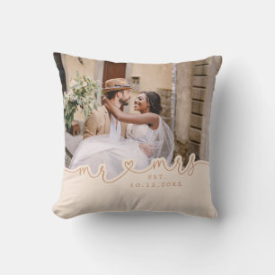Mr Mrs Script Heart Photo Wedding Pillow