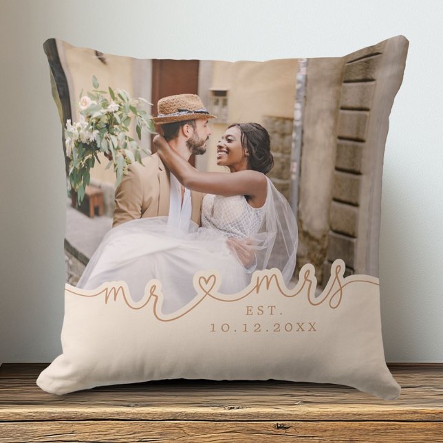 Mr Mrs Script Heart Photo Wedding Pillow (Shown on a 20" x 20" pillow)