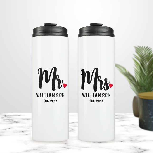 Mr. & Mrs. Script Personalized Name Monogram Heart Thermal Tumbler (Creator Uploaded)