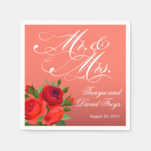 Mr. & Mrs. Script Typography Roses Floral coral Napkins