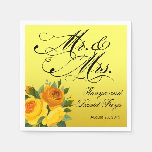 Mr  Mrs Script Typography Roses Floral yellow Napkins