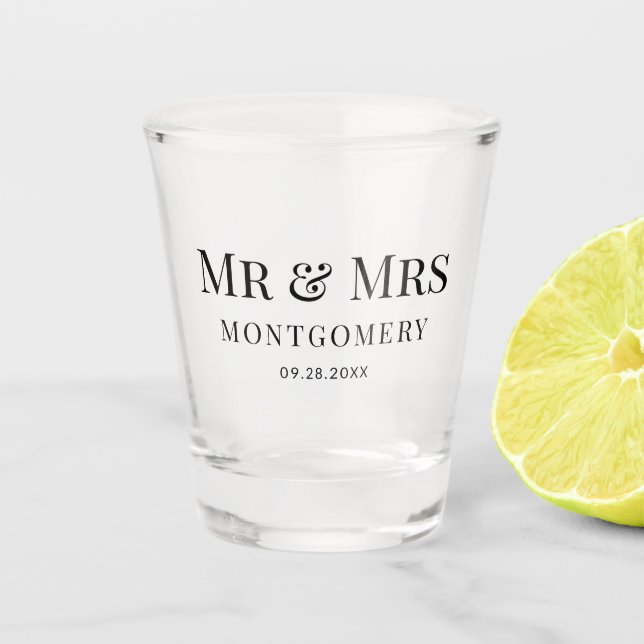 Mr & Mrs Simple Classic Elegant Wedding Shot Glass (Front)