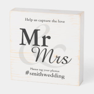 Mr&Mrs Simple Elegant Typography Wedding Hashtag Wooden Box Sign