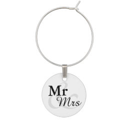 Mr&amp;Mrs Simple Elegant Typography Wedding Wine Glass Charm