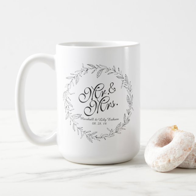 Mr. & Mrs. Simple Floral Wedding Classic Mug (With Donut)