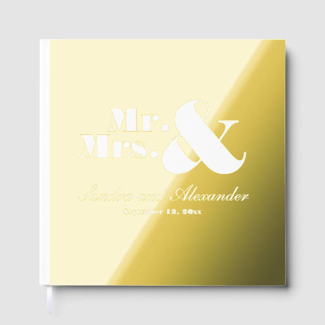 Mr. Mrs. Simple Gold Foil White Script Wedding Foil Guest Book (Front)