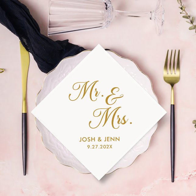 Mr. & Mrs. Simple Script Gold Wedding Napkins (Creator Uploaded)