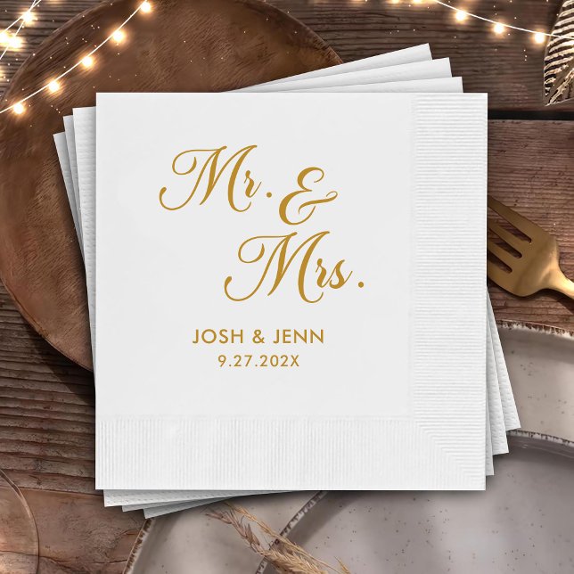 Mr. & Mrs. Simple Script Gold Wedding Napkins (Creator Uploaded)