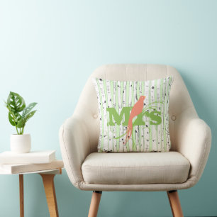 Mr Mrs Spring Green and Coral Birch Tree Bird Throw Pillow