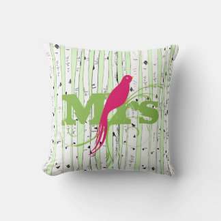 Mr Mrs Spring Green and Fuchsia Birch Tree Bird Throw Pillow