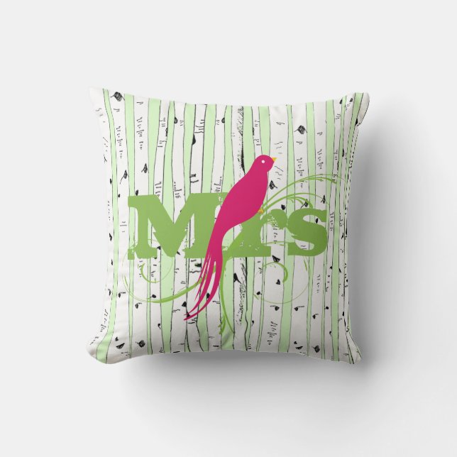 Mr Mrs Spring Green and Fuchsia Birch Tree Bird Throw Pillow (Front)